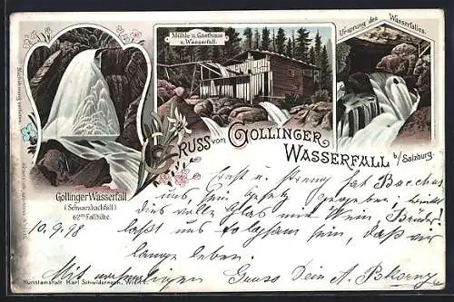 Lithographie Golling /Salzach, Mühle u. Gasthaus z. Wasserfall, Gollinger Wasserfall