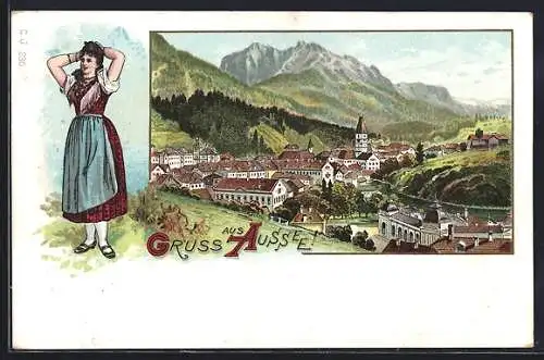 Lithographie Aussee, Teilansicht mit Bergen, Frau in Tracht