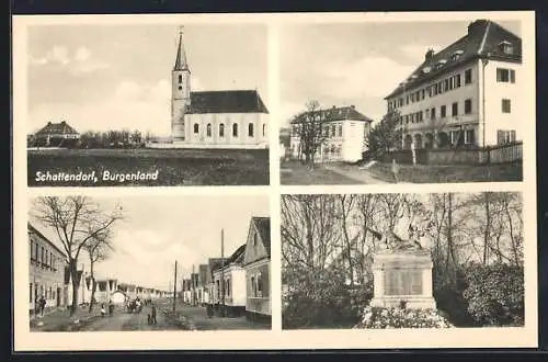 AK Schattendorf, Kirche, Ehrenmal und Strassenpartie