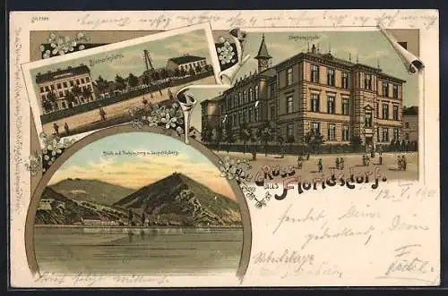 Lithographie Floridsdorf, Blick a. d. Kahenberg und Leopoldsberg, Stefanieschule, Bismarckplatz