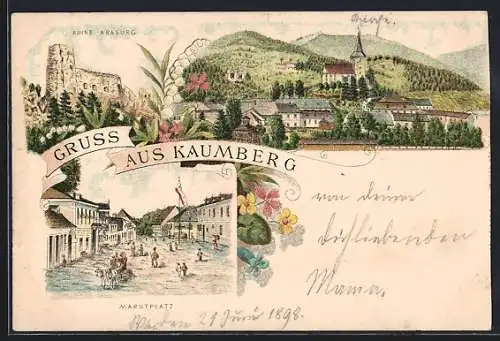 Lithographie Kaumberg, Ruine Araburg, Marktplatz, Ortsansicht