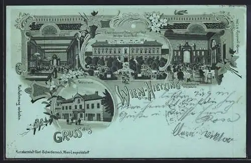 Mondschein-Lithographie Wien-Hietzing, Hotel Hietzinger Hof, Innenansichten Cafe und Altdeutsche Weinstube