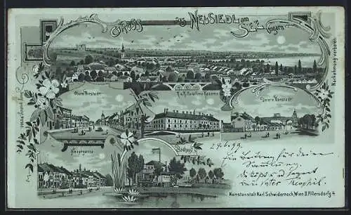 Mondschein-Lithographie Neusiedl am See, Badhaus, K. u. K. Cavallerie-Kaserne, Untere Vorstadt