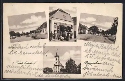 AK Mannersdorf an der Rabnitz, Unterloisdorf, Geschäft von Rudolf Rauch, Kirche, Strassenpartie