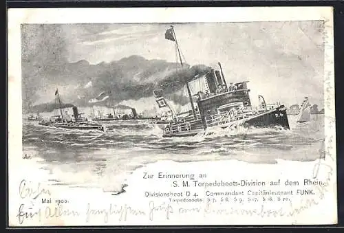 Künstler-AK S. M. Torpedoboots-Division auf dem Rhein, Divisionsboot D 4