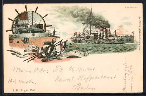 Lithographie Kriegsschiff, Deck mit Geschützen