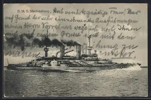 AK Kriegsschiff SMS Mecklenburg in voller Fahrt