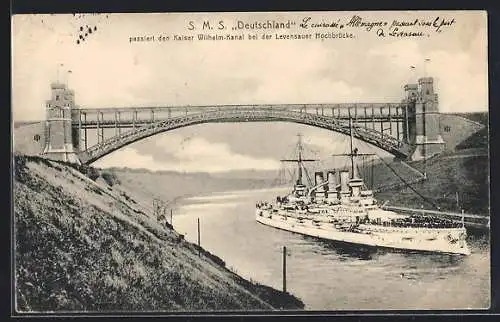 AK Kriegsschiff SMS Deutschland auf dem Kaiser Wilhelm-Kanal bei der Levensauer Brücke