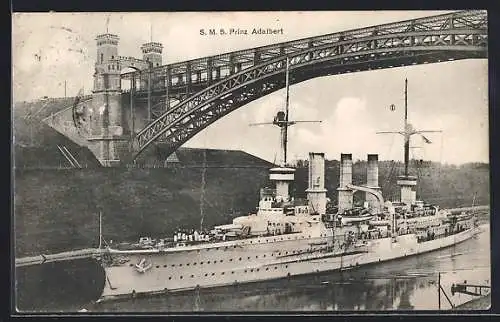 AK Kriegsschiff SMS Prinz Adalbert unter der Kanal-Hochbrücke