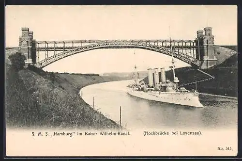 AK Kriegsschiff SMS Hamburg im Kaiser Wilhelm-Kanal, Hochbrücke bei Levensau