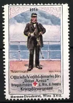 Reklamemarke 1914, Offizielle Verkaufsmarke Rotes Kreuz, K.u.k. Marine-Offizier auf Deck