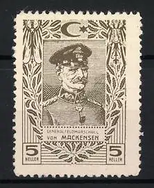 Reklamemarke Generalfeldmarschall von Mackensen, Porträt mit Halbmond und Stern