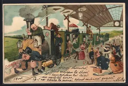 Lithographie Landpartie, Eisenbahn mit wild verteilten Fahrgästen in einem Bahnhof