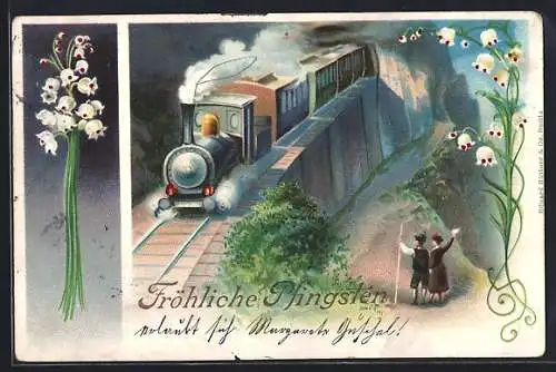 Lithographie Dampf-Eisenbahn mit Wanderern, Maiglöckchen, Pfingstgruss