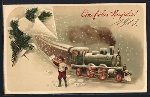 AK Ein frohes Neujahr, Eisenbahn im Winter, Knabe trägt Postsendungen heim