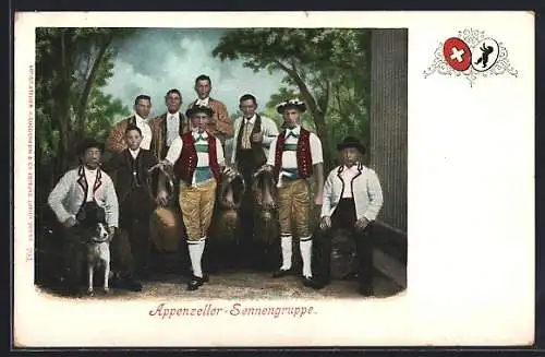 AK Schweiz, Appenzeller-Sennengruppe in Tracht mit Hund und Kuhglocken, Wappen