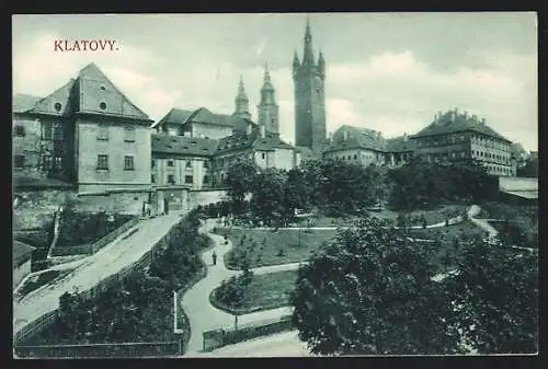 AK Klatovy, Ortsansicht mit Parkanlage aus der Vogelschau