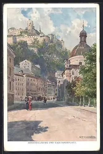 Künstler-AK Edward Theodore Compton: Hohensalzburg und Kajetanerplatz