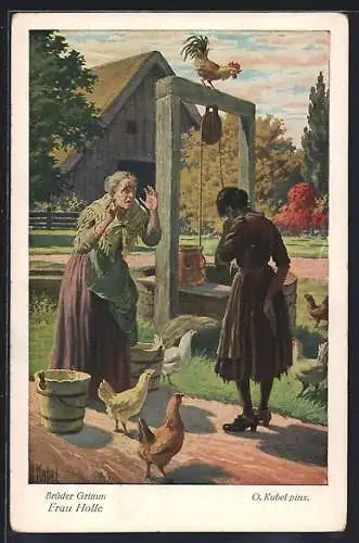 Künstler-AK Otto Kubel: Brüder Grimm, Frau Holle, Mädchen weint am Brunnen