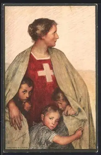 AK Henri Dunant, Schweizer Rotes Kreuz, Helvetia mit Kindern