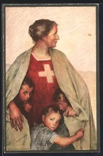 AK Henri Dunant, Schweizer Rotes Kreuz, Helvetia mit Kindern