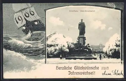 AK München-Au, Maximilianstrasse mit Max-Monument, Segelschiff mit Jahreszahl 1906 auf dem Segel