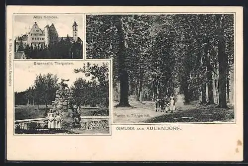 AK Aulendorf, Altes Schloss, Tiergarten mit Brunnen