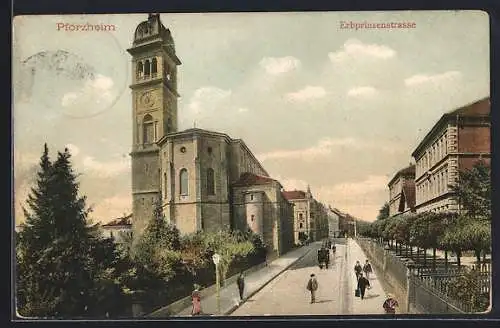 AK Pforzheim, Erbprinzenstrasse mit Kirche