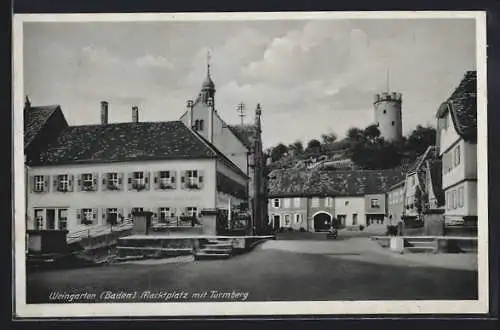 AK Weingarten / Baden, Marktplatz mit Turmberg