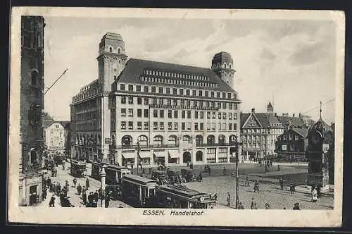 AK Essen, Strassenbahnen vor dem Hotel Handelshof