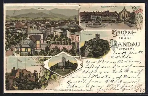 Lithographie Landau / Pfalz, Madenburg, Max-Josephs-Platz, Trifels