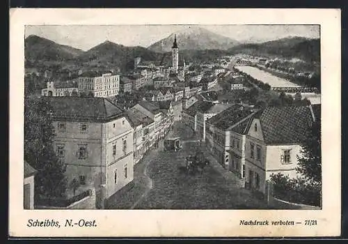 AK Scheibbs, Ortsansicht mit Strasse und Bergpanorama