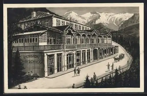 AK Semmering, Pension H. Hirschvogel mit Strasse und Bergpanorama