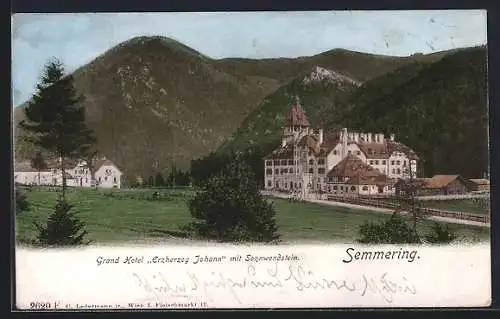 AK Semmering, Grand Hotel Erzherzog Johann mit Strasse und Sonnwendstein