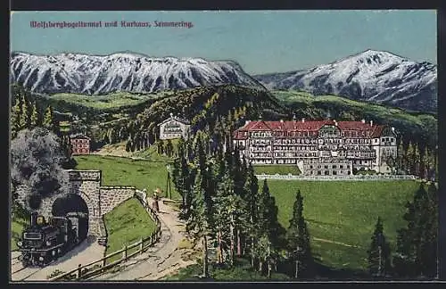 AK Semmering, Wolfsbergkogeltunnel und Kurhaus mit Bergpanorama aus der Vogelschau