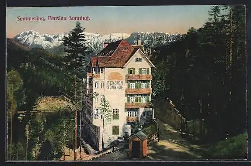 AK Semmering, Pension Sonnhof mit Strasse aus der Vogelschau