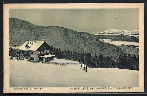 AK Semmering, Maierei des Südbahnhotels mit Schneeberg im Winter