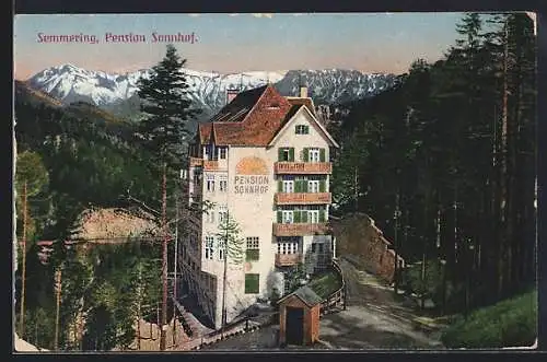 AK Semmering, Pension Sonnhof mit Strasse aus der Vogelschau