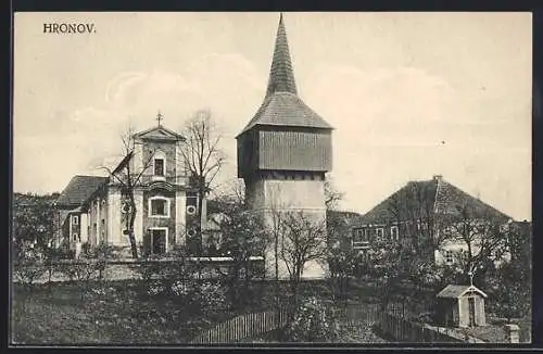 AK Hronov, Blick zum Turm und Kirche