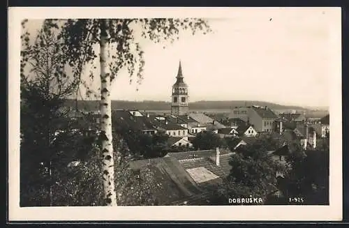 AK Dobruska, Teilansicht mit Hotel Rydl und Kirche