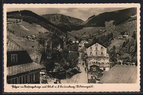 AK Petzer, Ortsansicht im Riesengebirge mit Blick n. b. Brunnberg