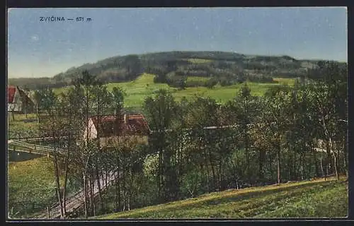 AK Zvicina, Häuser mit Landstrasse aus der Vogelschau