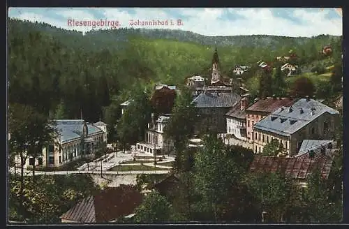 AK Johannisbad i. B., Ortsansicht mit Anlage aus der Vogelschau