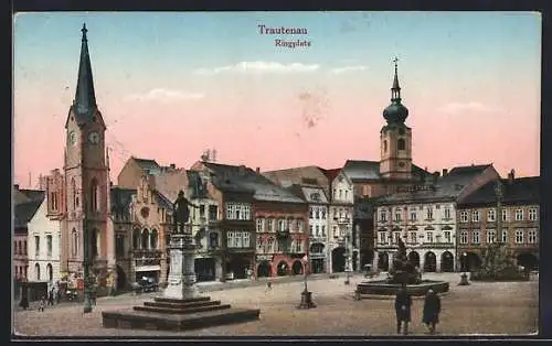 AK Trautenau / Trutnov, Ringplatz mit Denkmal und Brunnen