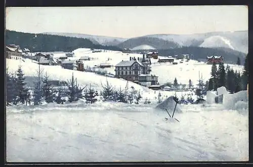 AK Spindelmühle /Riesengebirge, Ortsansicht im Winter, mit Hotel zum Deutschen Kaiser