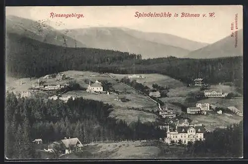 AK Spindelmühle / Spindleruv Mlyn, Ortsansicht mit Riesengebirge