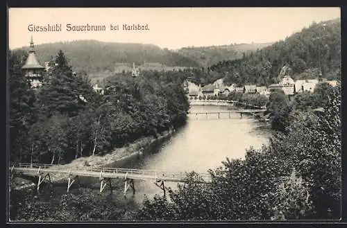 AK Giesshübl-Sauerbrunn, Uferpartie mit Brücken