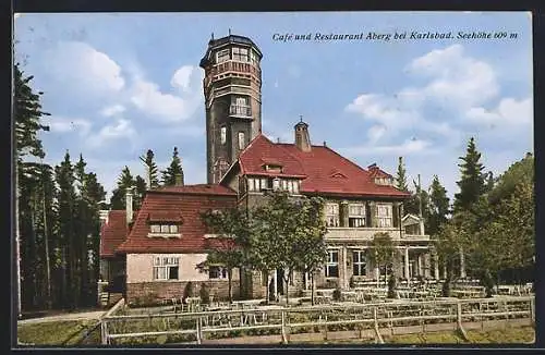 AK Karlsbad, Cafe-Restaurant Aberg mit Garten und Turm