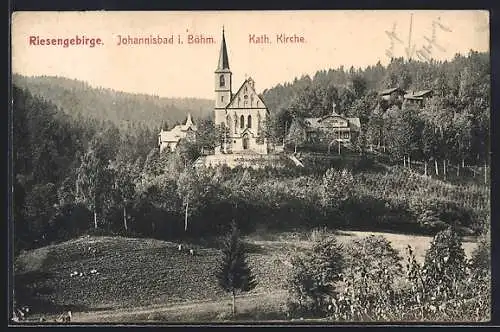 AK Johanisbad i. Böhm., Kath Kirche mit Umgebung