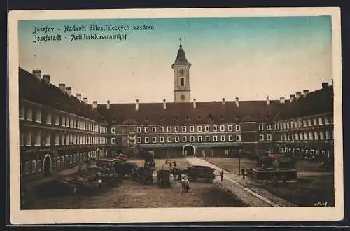 AK Josefstadt / Josefov / Jaromer, Artilleriekasernenhof, Nádvorí delostreleckých kasáren, Pferdegespanne